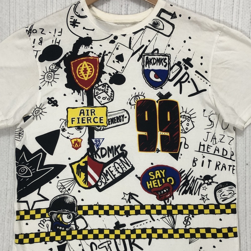 Akademiks Mens Graphic Tee White Urban Graffiti 99 Air Fierce Patchwork Shirt